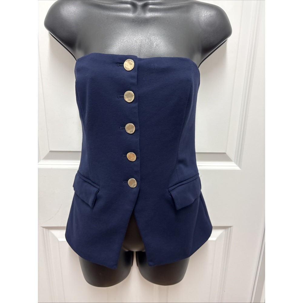 Aqua Navy Strapless Gold Button Classic Halter - Size Small